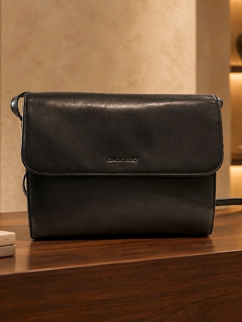 Claudio Ferrici Vintage Black Genuine Leather Flap Crossbody Bag